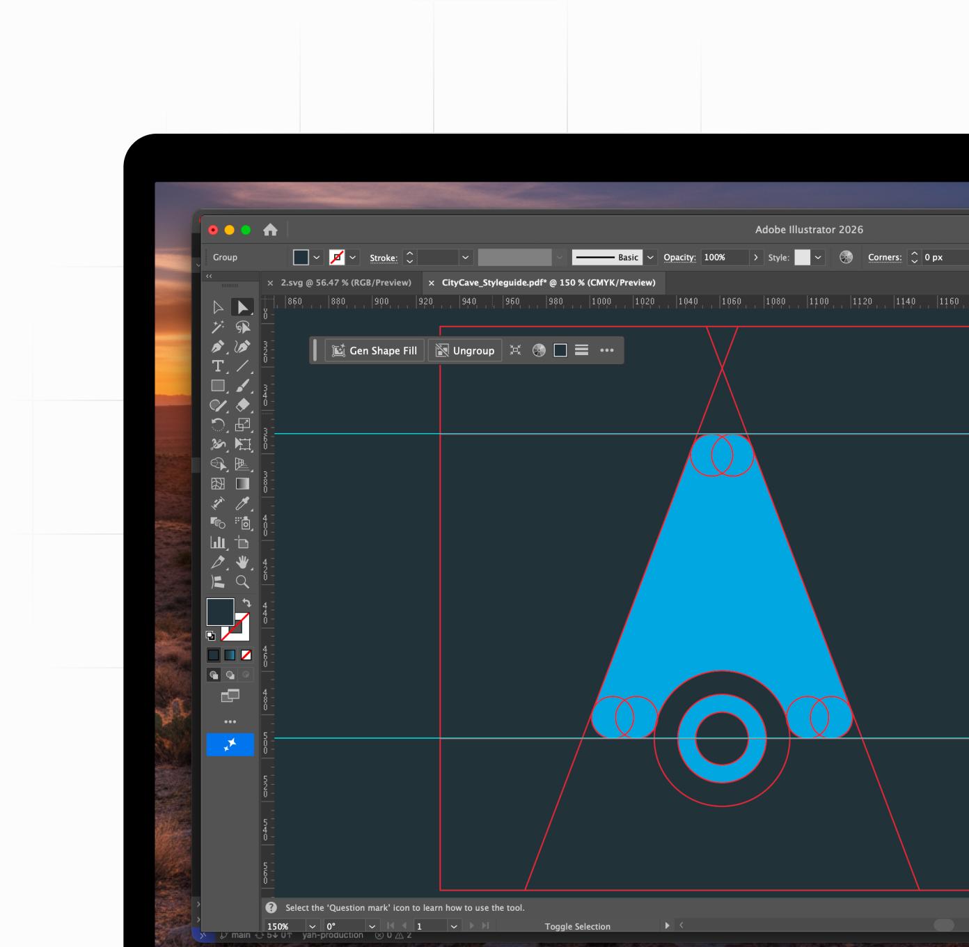A laptop with Adobe Illustrator designing the Citycave logo.