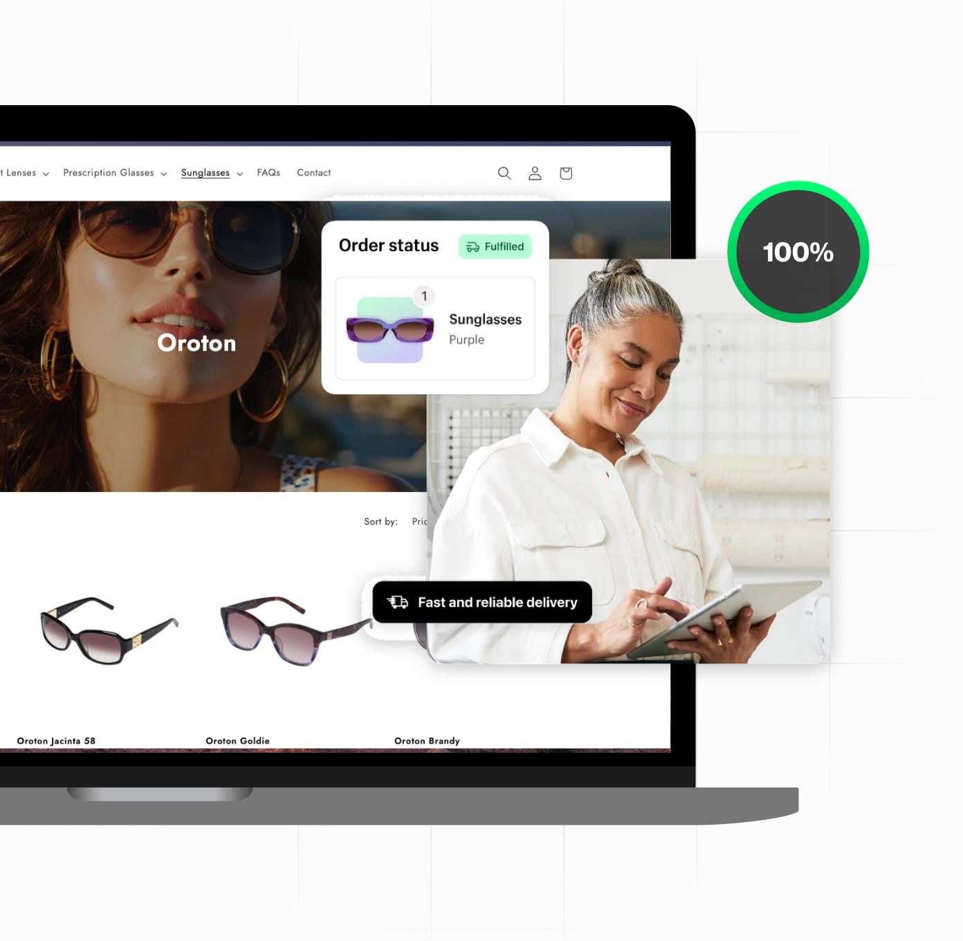 Ecommerce image showing laptop with store and a customer ordering with success.