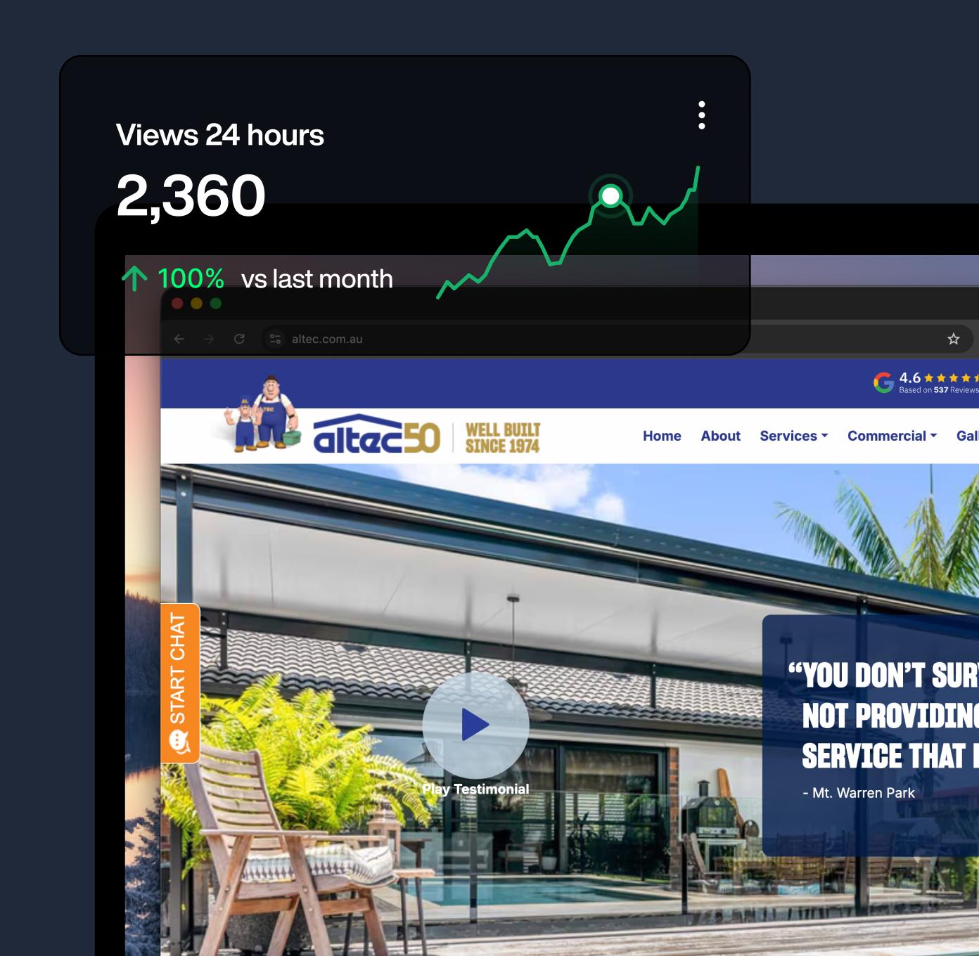 Altec Patios website with an overlay of results